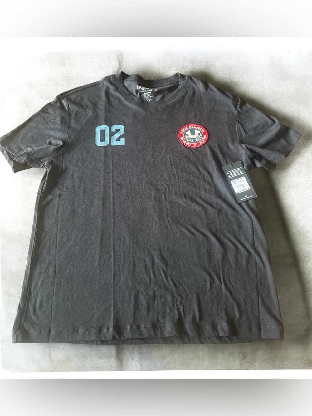 True Religion Black Short-Sleeve Tee with Blue '02' and logo NWT SZ L